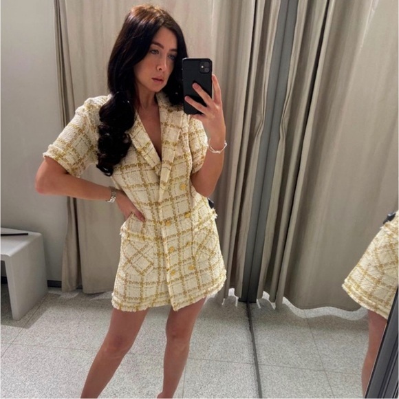 Zara Dresses & Skirts - Zara Cream and Gold Plaid Mini Dress